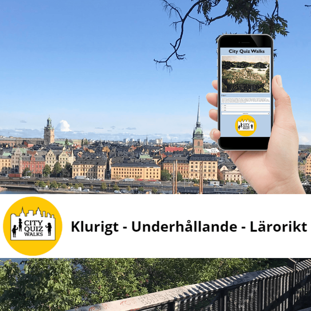 Stockholmsvy och en hand som håller mobiltelefon