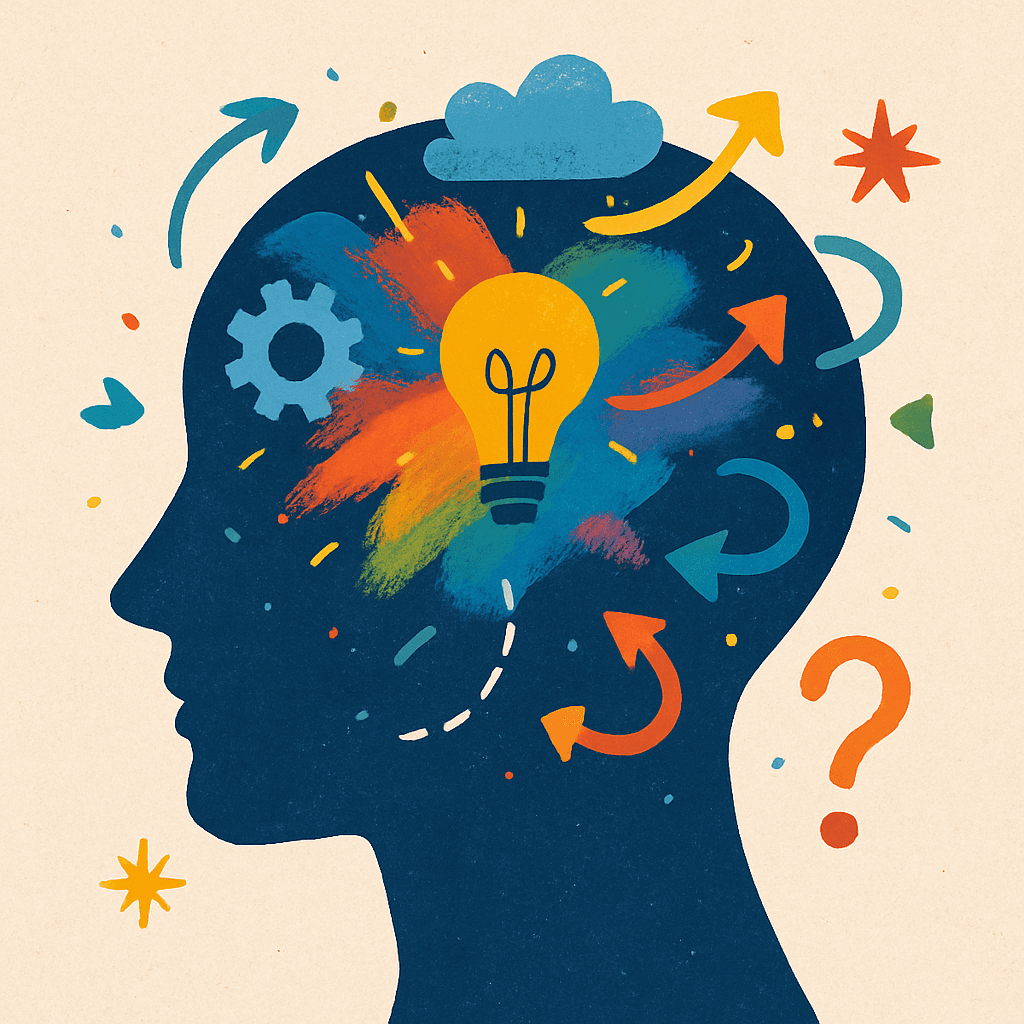 Silhuett av ett huvud med en glödlampa, kugghjul mm i